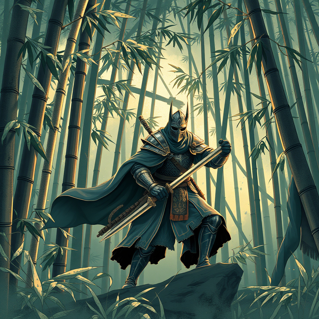 Knight in Bamboo forest, epic Eastern-inspired illustration