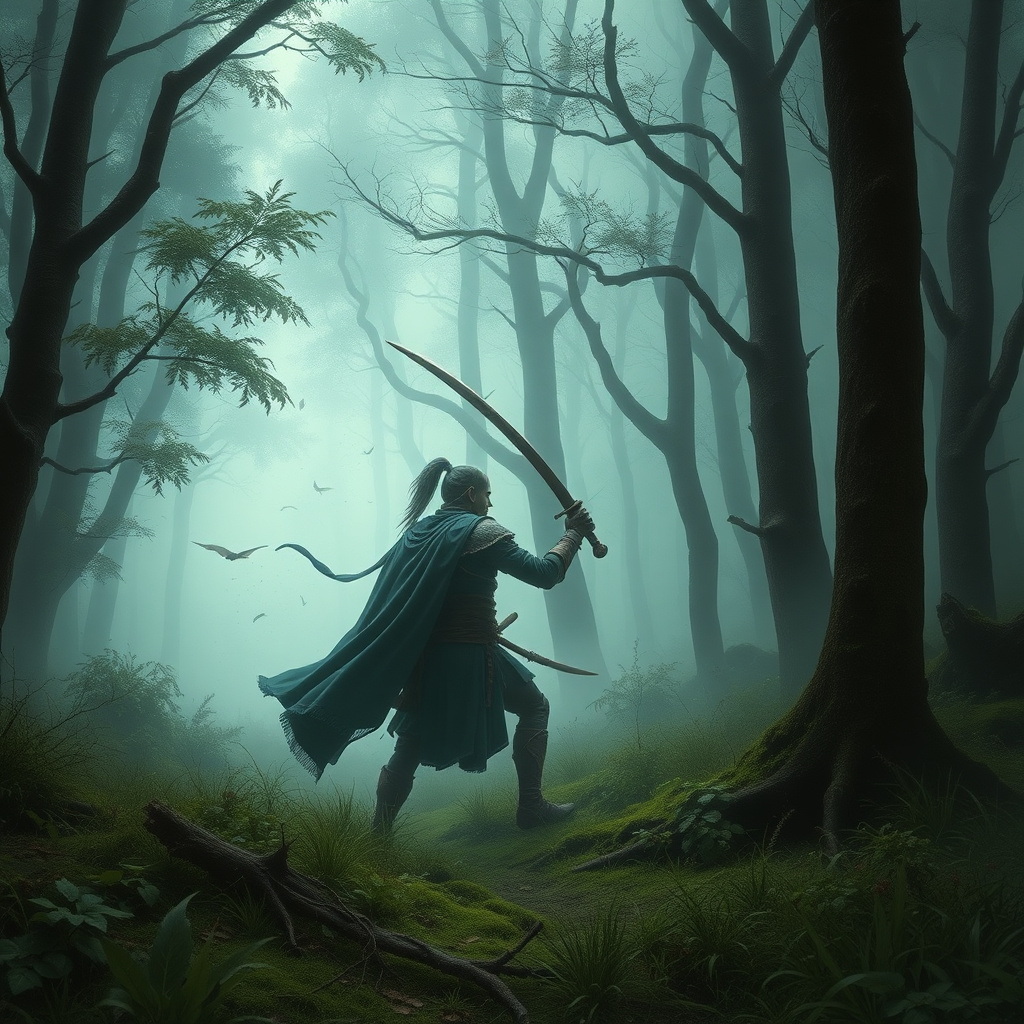 Warrior in misty forest, epic Eastern fantasy scene